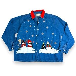 Vintage blue denim snowman button down shirt sz L